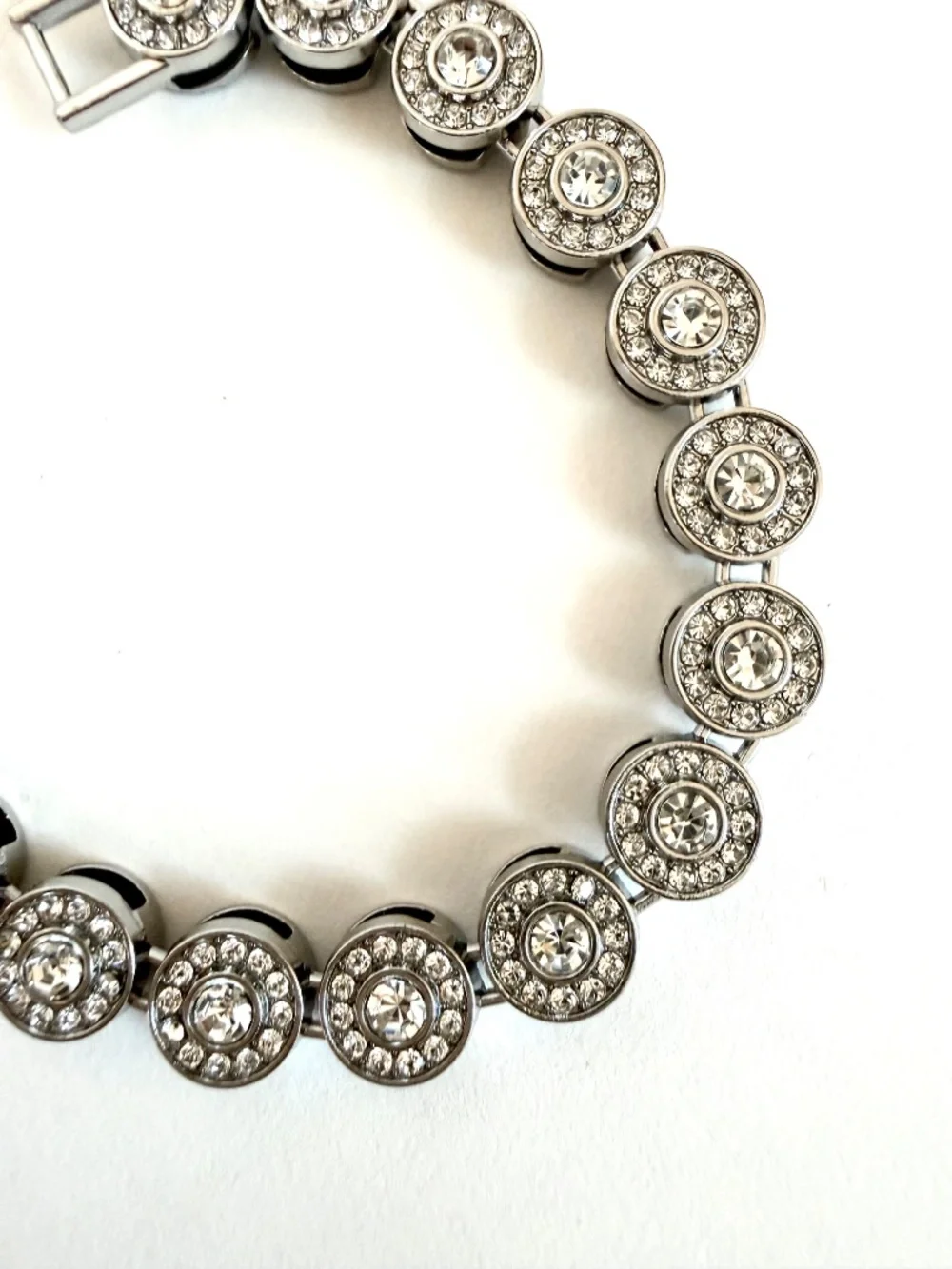 Stainless Steel Crystal Tennis Bracelet Rhinestone Link Round Halo Elegant - Picture 2 of 3